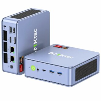 Compact mini PCs with multiple ports and branding.