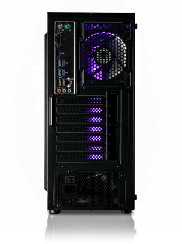 Back panel of a desktop computer with purple lighting.