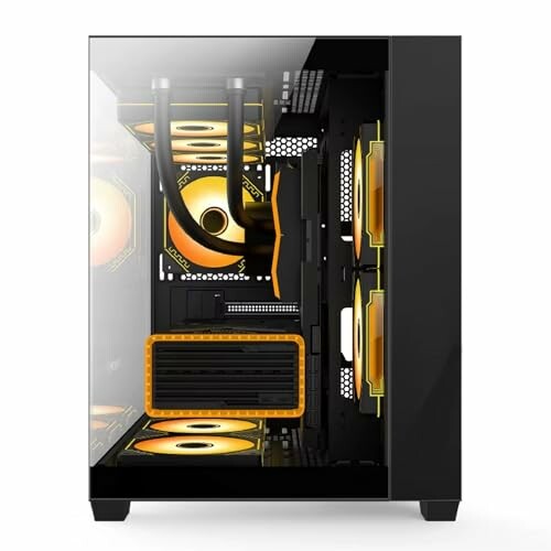 Gaming PC case with multiple orange-lit fans and cooling system.