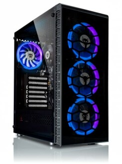Gaming PC case with LED fans and transparent side panel.
