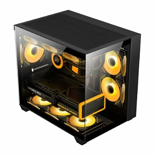 Gaming PC with transparent side panel and RGB lighting.