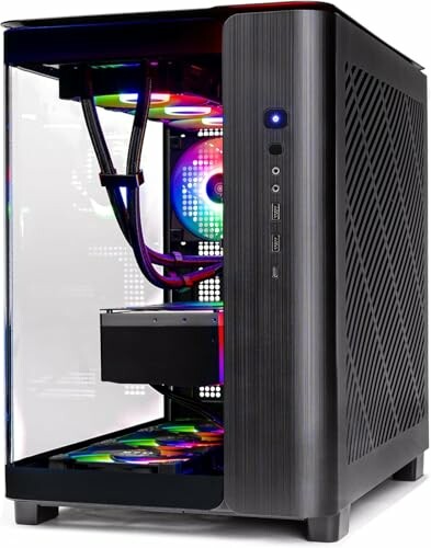 Gaming PC with RGB lighting and transparent side panel.