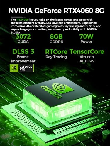 NVIDIA GeForce RTX4060 8G graphics card promotional poster highlighting features like 3072 CUDA cores, 8GB memory, 70W power, DLSS 3, and RTX Studio compatibility.
