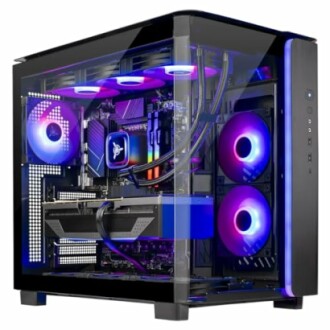 Custom gaming PC with RGB lighting in a transparent case.
