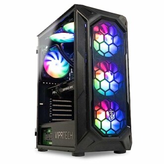 Gaming PC tower with RGB lighting and multiple fans.