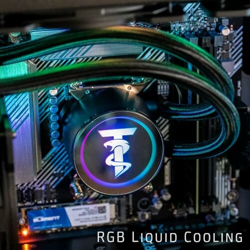 Close-up of RGB liquid cooling system in a computer.